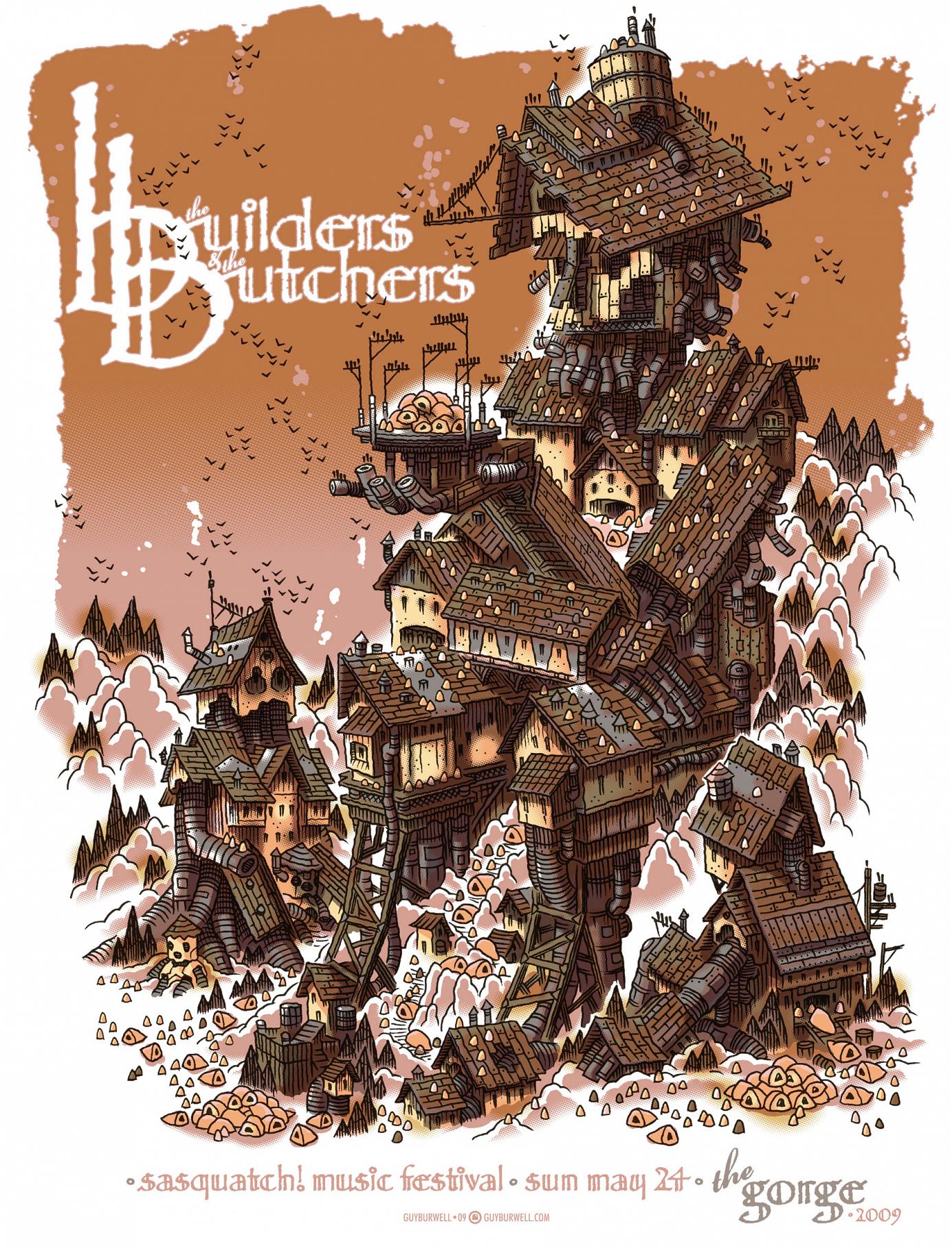 Guy Burwells Konzertplakat für den Auftritt von The Builders & The Butchers beim Sasquatch Music Festival 2009 fünffarbiger Siebdruck · 60 x 44,5 cm · Auflage 110 Stück