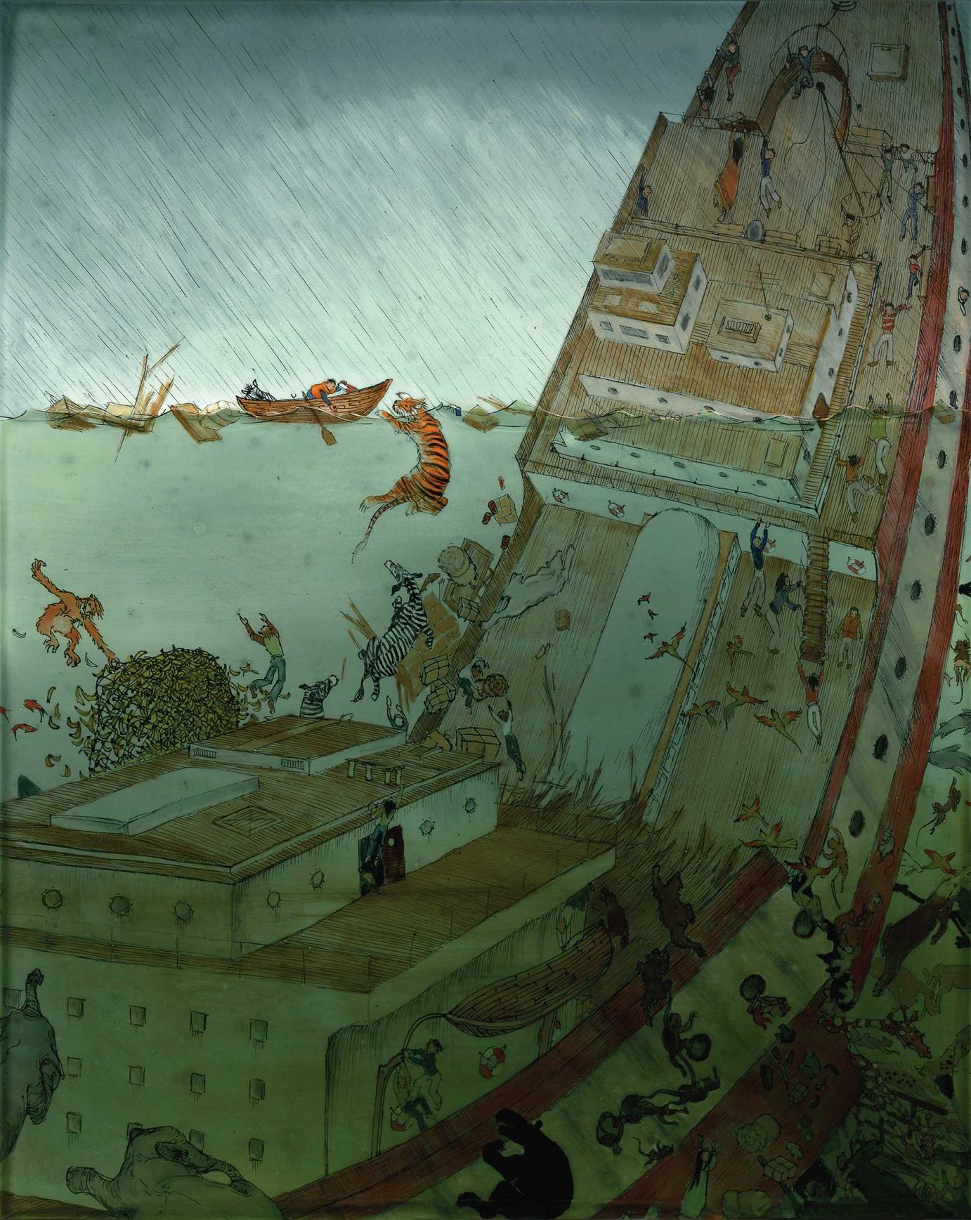 Andrea Offermann »The Ship Sank« Tusche/Finelinerzeichnung auf Clayboard mit Öllasuren ca. 20,3 cm x 25,4 cm