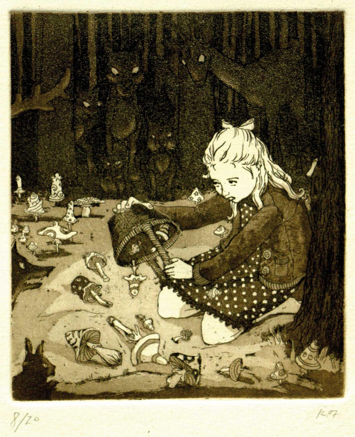 »Die kleine Pilzsammlerin« · 2003 Radierung, Aquatinta 12,5 x 14,5 cm · Auflage 20
